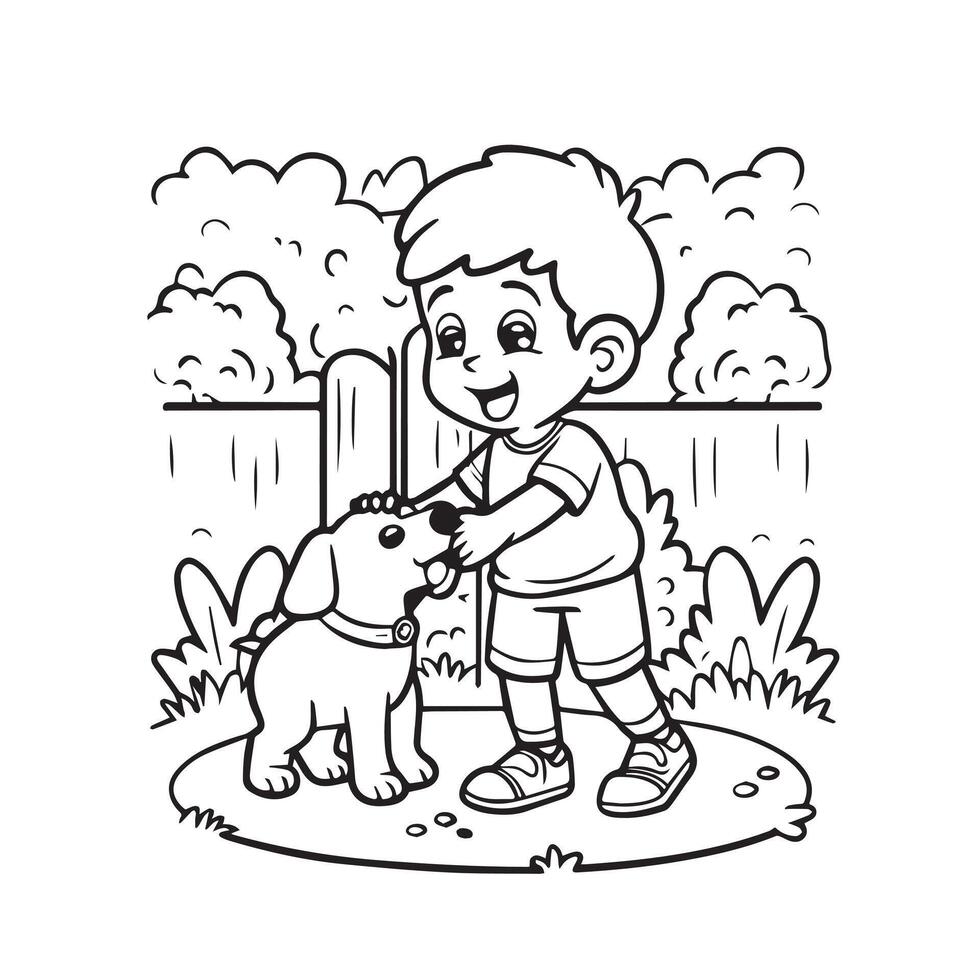 garçon en jouant avec une chien dans le jardin, noir et blanc vecteur illustration
