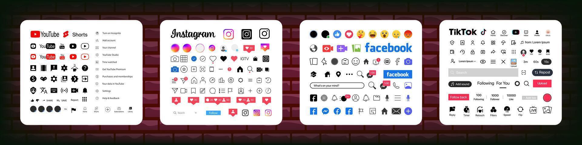 Instagram, tik je prends, Facebook, Youtube bouton icône. ensemble écran social médias et social réseau interface modèle. histoires bouton, symbole, signe logo. éditorial vecteur