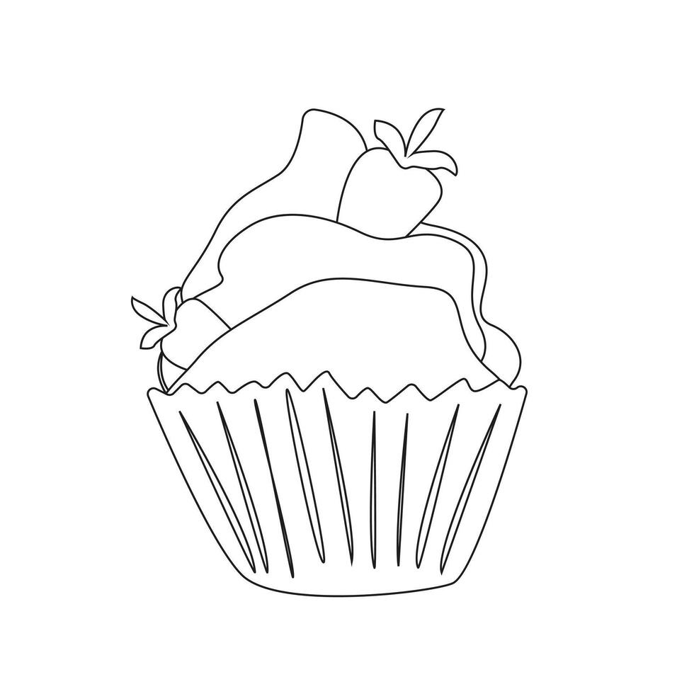 petit gâteau avec fraise. griffonnage vecteur noir et blanc illustration. muffin avec fouetté crème. griffonnage style.