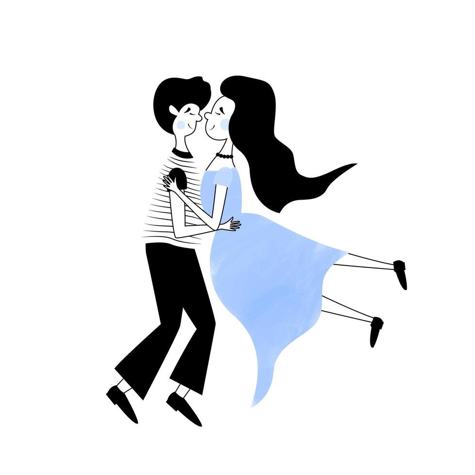 dessin animé couple dans danse. mignonne griffonnage personnages dans l'amour vecteur