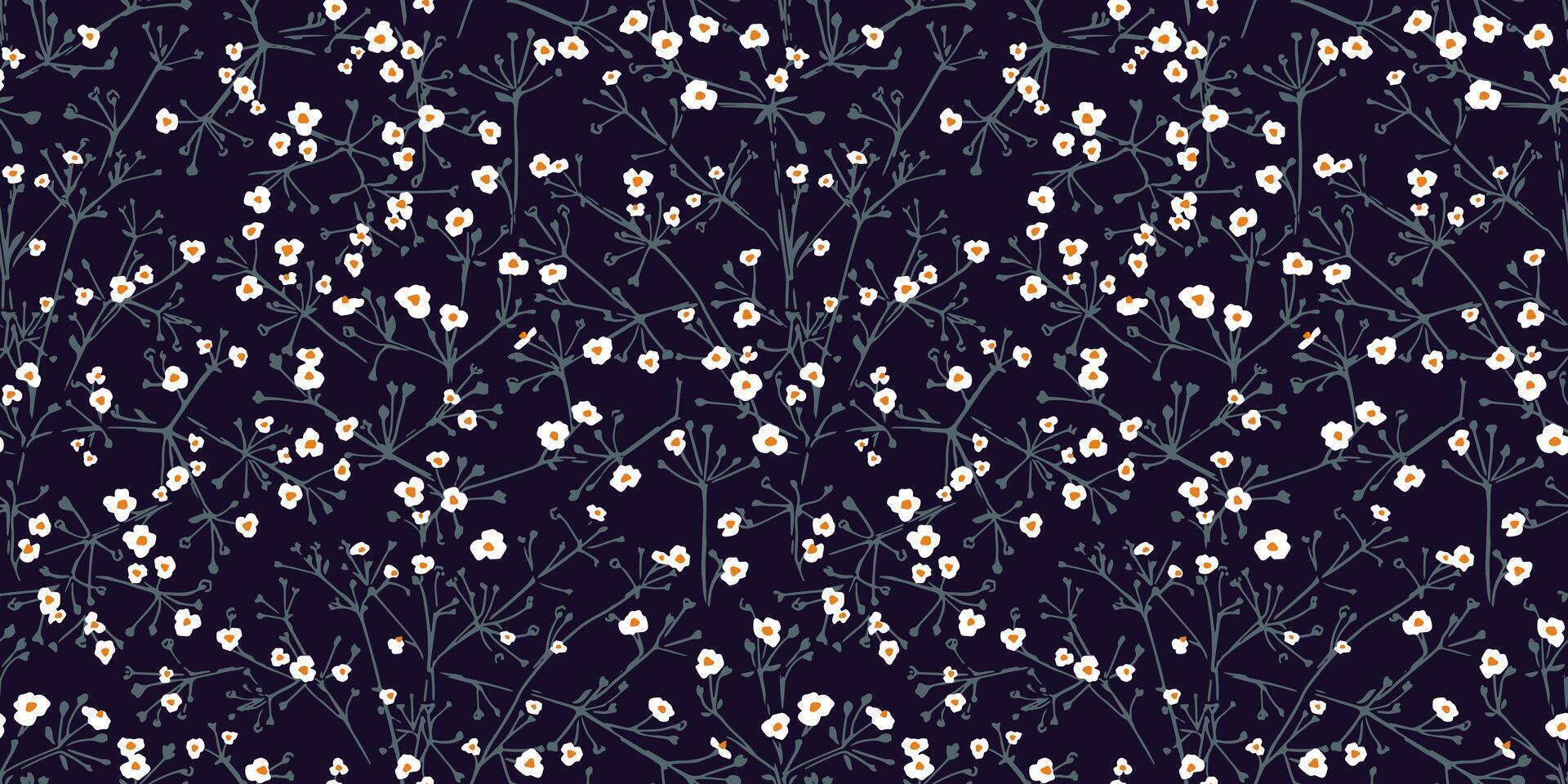 fleurs minuscule abstrait idiot fleurs avec plat branches sans couture modèle sur une foncé noir Contexte. vecteur main tiré esquisser. Créatif floral gouttes polka points impression.modèle pour conception, collage