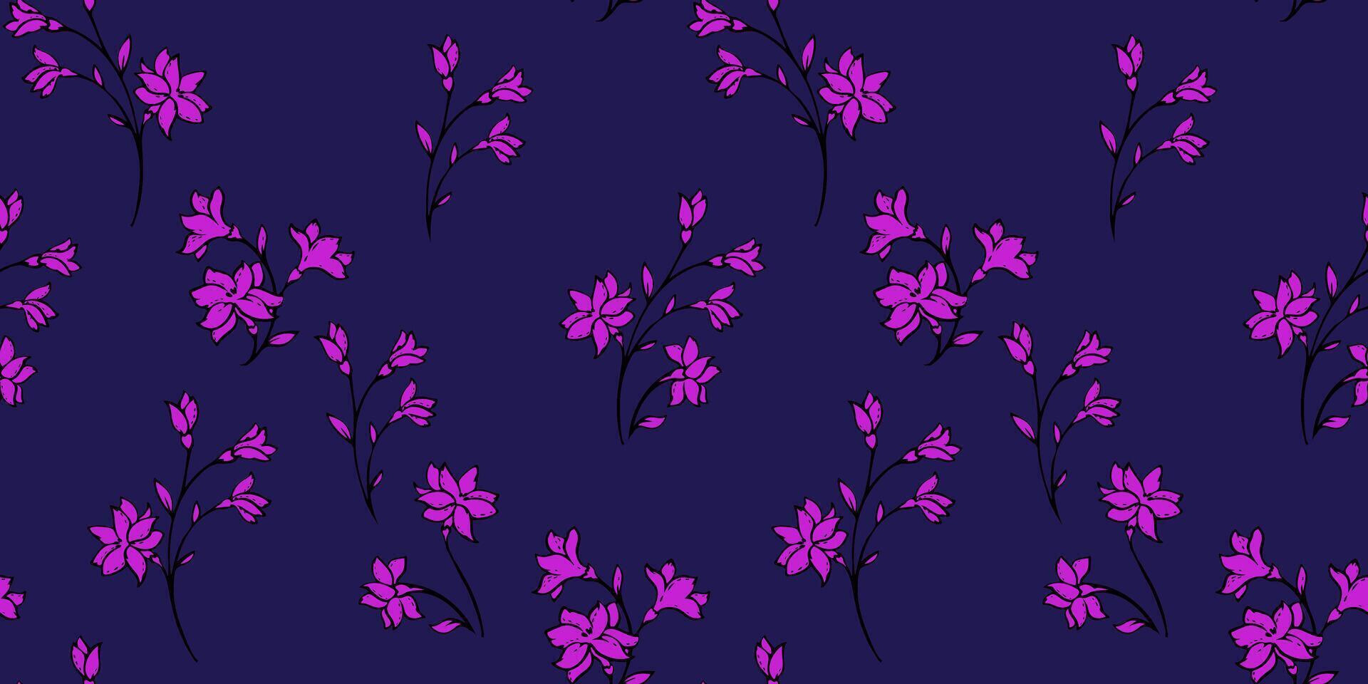 minimaliste abstrait minuscule sauvage floral tiges avec bourgeons, feuilles sans couture modèle. Facile violet fleurs épars au hasard sur une foncé bleu Contexte. vecteur main tiré esquisser. collage pour conceptions, impression