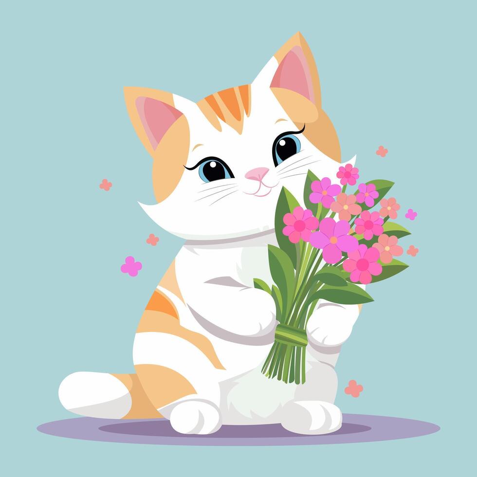 chat avec une bouquet de fleurs dans ses pattes. plat vecteur illustration.