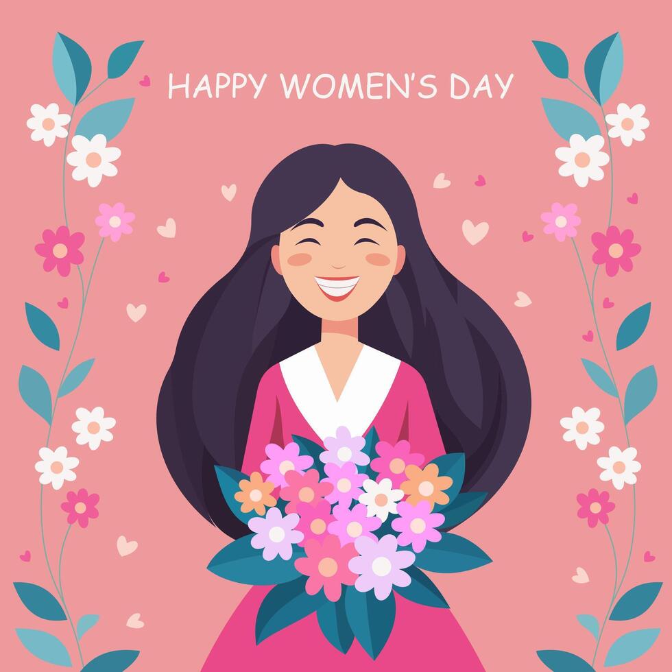 international aux femmes journée. fille avec une bouquet de fleurs. salutation carte. plat vecteur illustration