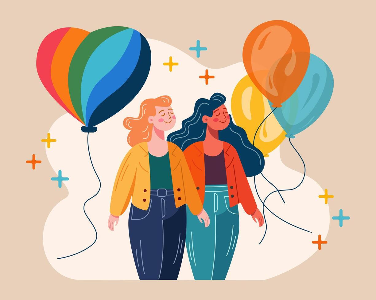 lesbienne couple sur fierté parade. deux les filles avec coloré des ballons. lgbt droits concept. content femelle les amoureux en marchant ensemble vecteur