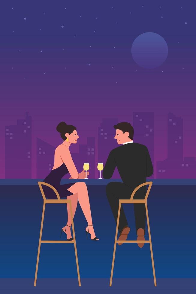 romantique couple séance à bar balcon avec ciel et lune Contexte. couple dans l'amour en buvant Champagne vecteur illustration