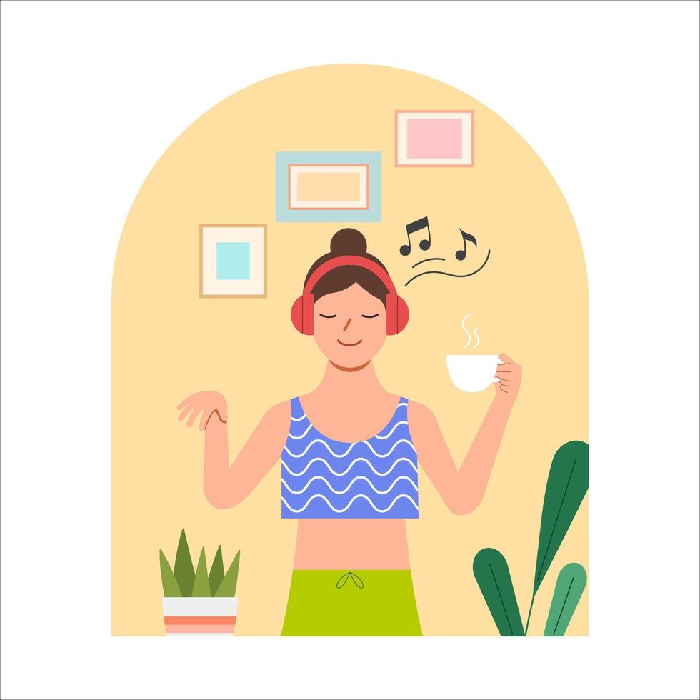 détendu femme avec casque écoute musique, relaxant dans chambre, maison, esprit équilibre et bien-être, plat vecteur illustration.