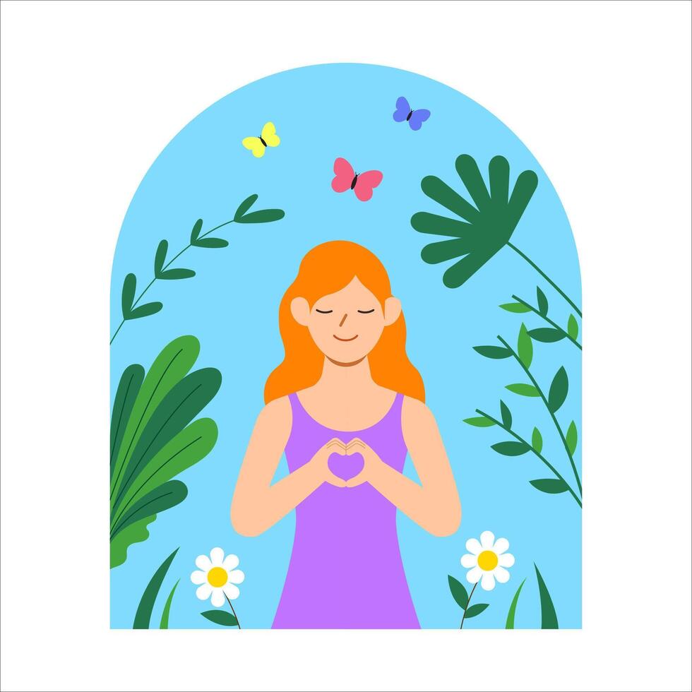 magnifique calme les filles avec fleurs. femme avec cœur mains, éco mode de vie et la nature amoureux concept . plat vecteur illustration.