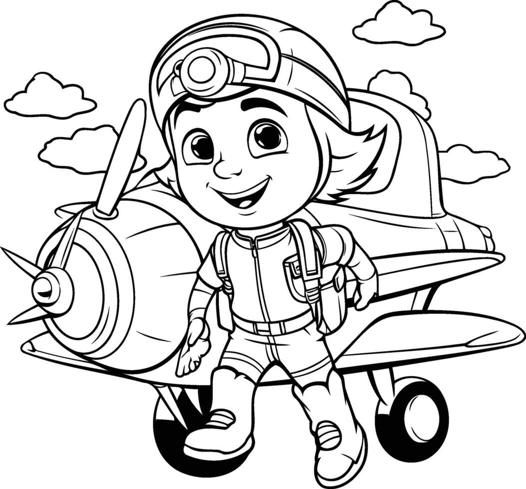 ai généré coloration page contour de dessin animé astronaute personnage avec avion vecteur