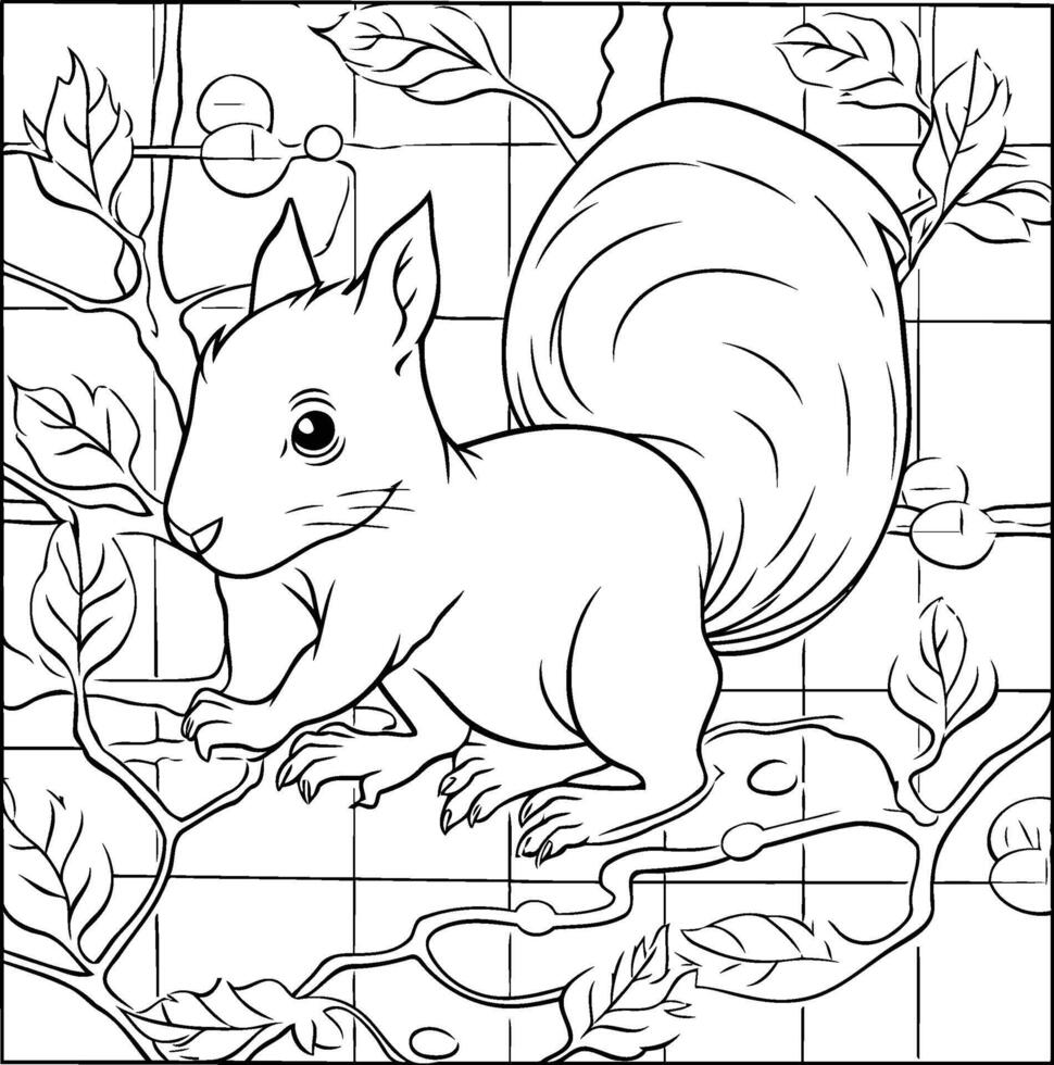 ai généré coloration livre pour les enfants écureuil dans le forêt sur une arbre branche vecteur