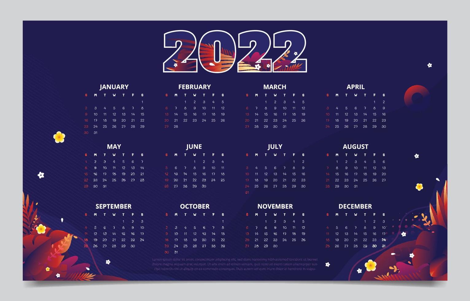 Modèle de calendrier 2022 avec des thèmes floraux vecteur