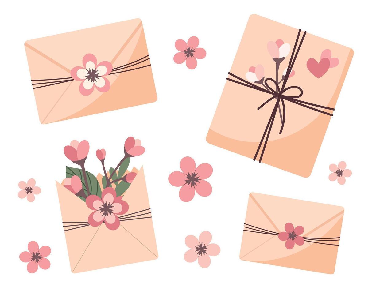 kraft enveloppes ensemble avec fleur Sakura fleur isolé sur blanc Contexte vecteur