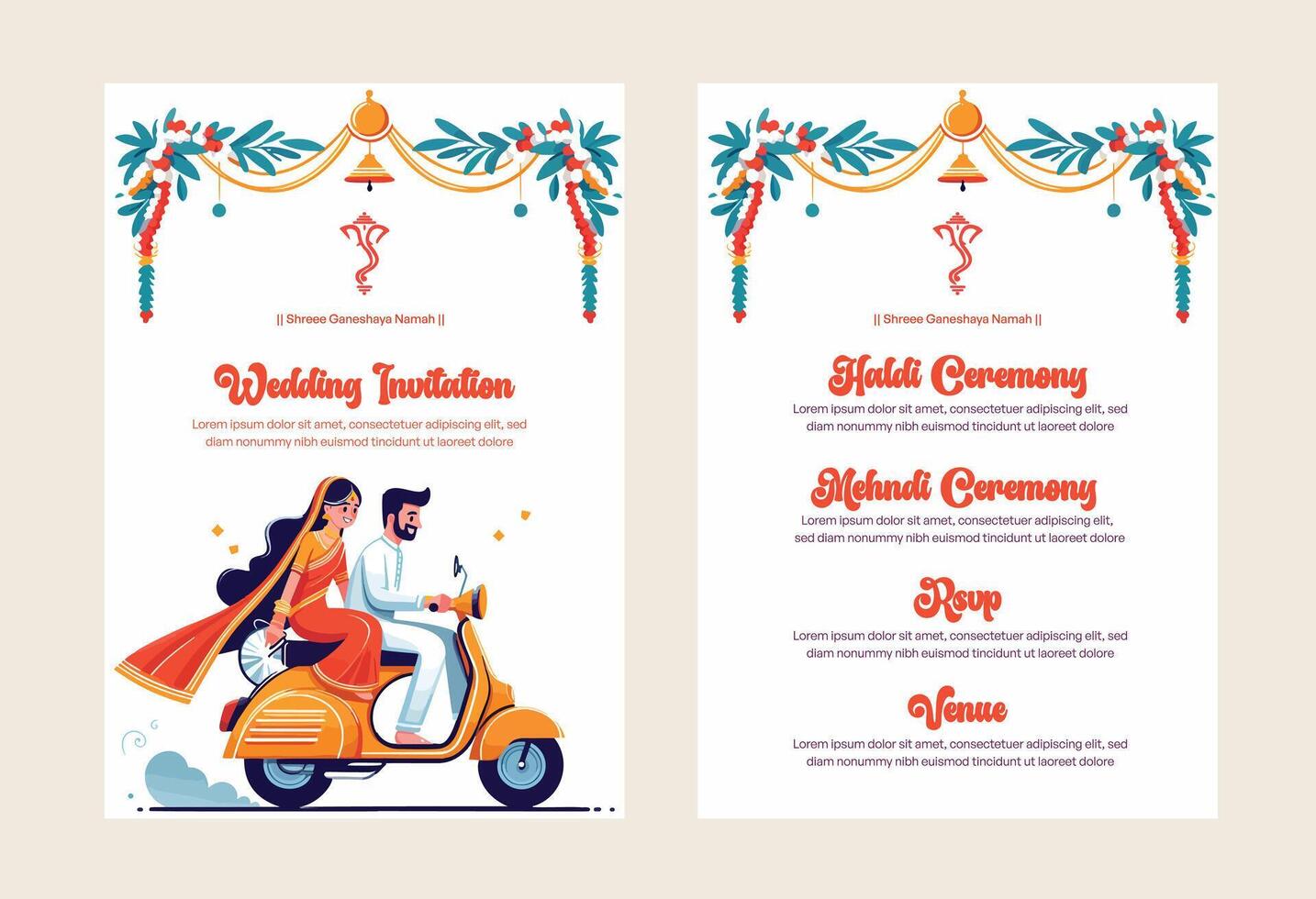 Indien mariage invitation modèle avec mignonne couple sur scooter vecteur