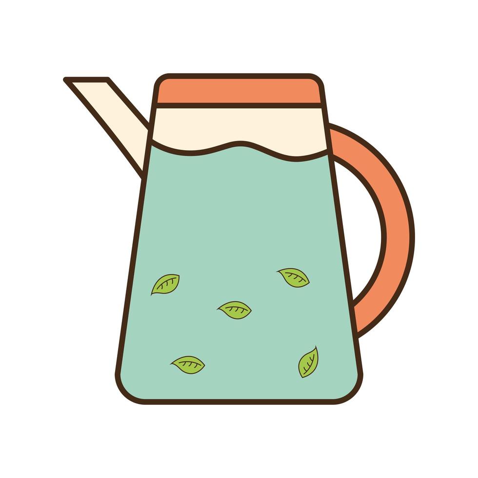 bouilloire à thé avec ligne de feuilles et conception de vecteur d'icône de style de remplissage