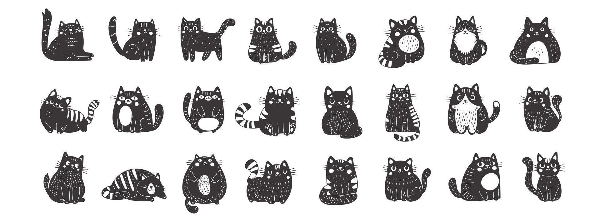 gros ensemble de noir chats dans linogravure style. mignonne marrant duveteux chats. parfait pour ceux qui apprécier le sucré et capricieux côté de félin charme. vecteur illustration sur une blanc Contexte.