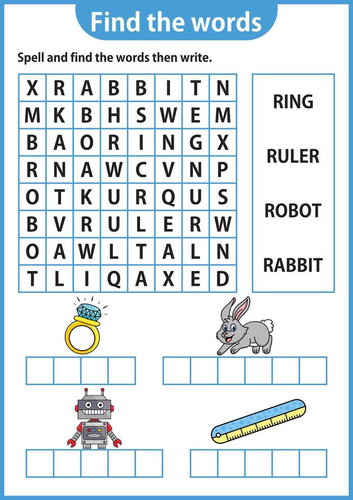 mot puzzle Jeu mot chercher feuille de travail éducation Jeu pour les enfants apprentissage Anglais alphabet vecteur