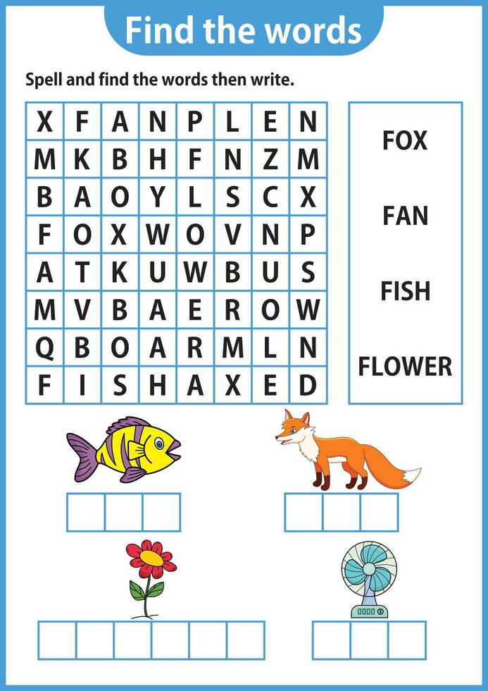 mot puzzle Jeu mot chercher feuille de travail éducation Jeu pour les enfants apprentissage Anglais alphabet vecteur