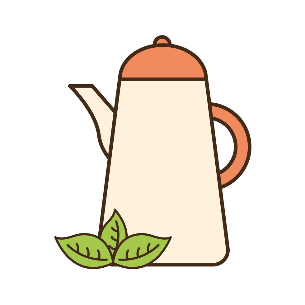 bouilloire à thé avec ligne de feuilles et conception de vecteur d'icône de style de remplissage