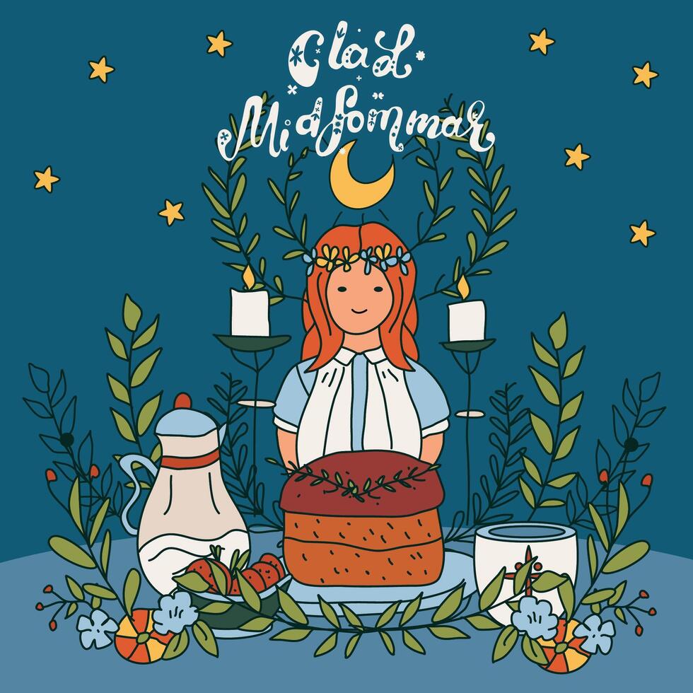 plein été vacances bannière. magnifique fille avec floral couronne et texte heureux mi-sommaire. vecteur illustration.