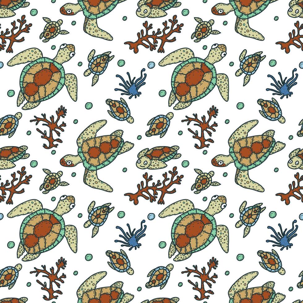 main tiré sans couture modèle avec mer tortues. tropical sous-marin la vie Contexte. vecteur illustration.