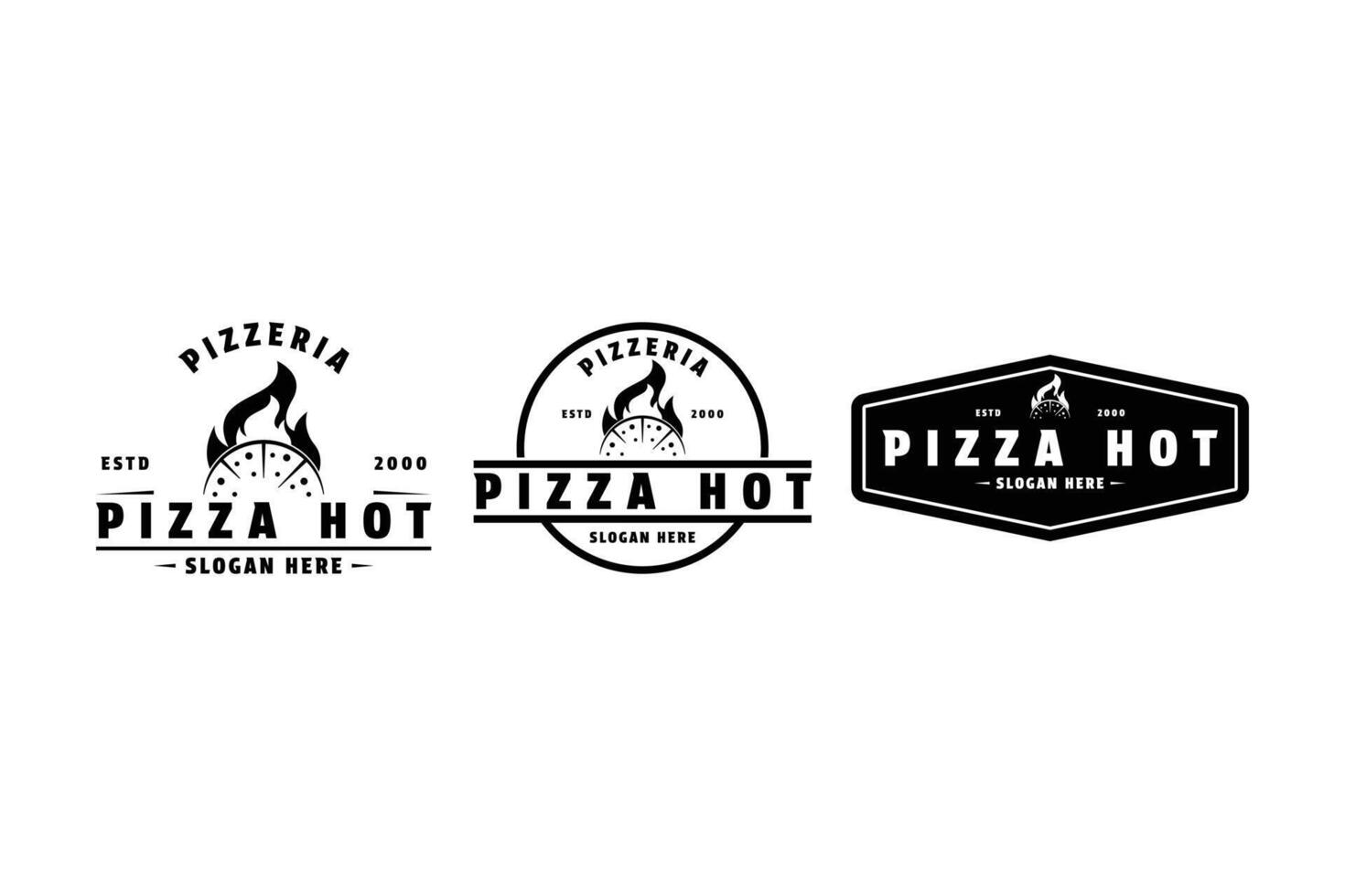 ensemble de Pizza chaud avec flamme logo conception ancien rétro timbre étiquette et badge vecteur