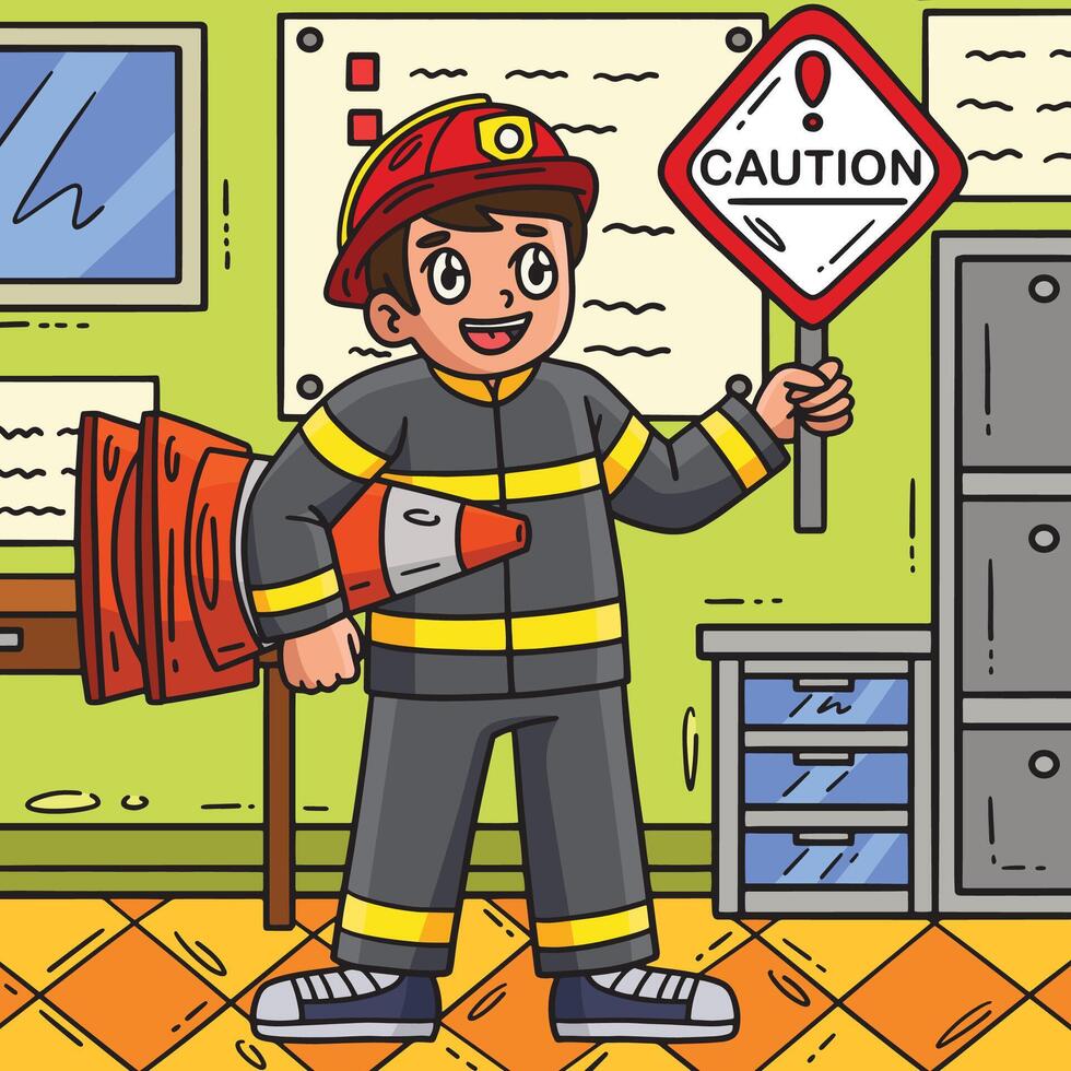 sapeur pompier avec une sécurité signe coloré dessin animé vecteur