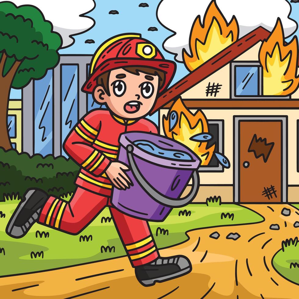 sapeur pompier avec l'eau seau coloré dessin animé vecteur