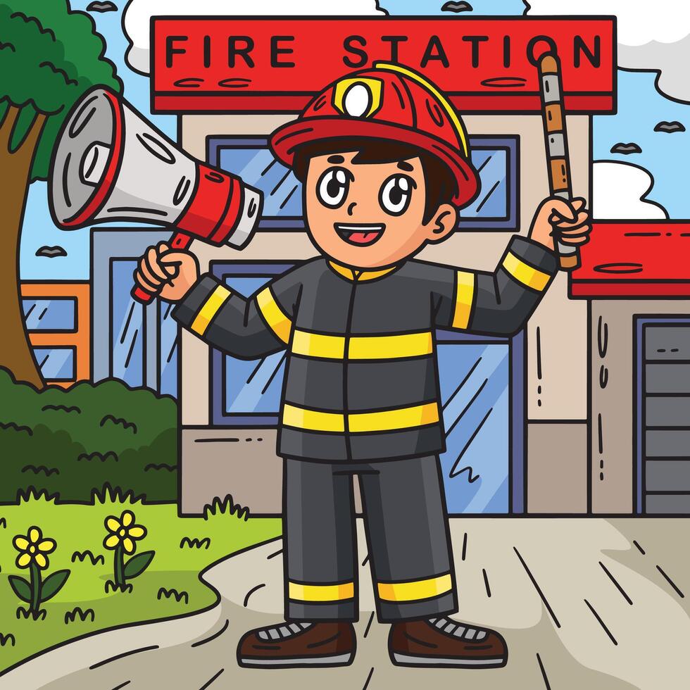 sapeur pompier avec une mégaphone coloré dessin animé vecteur