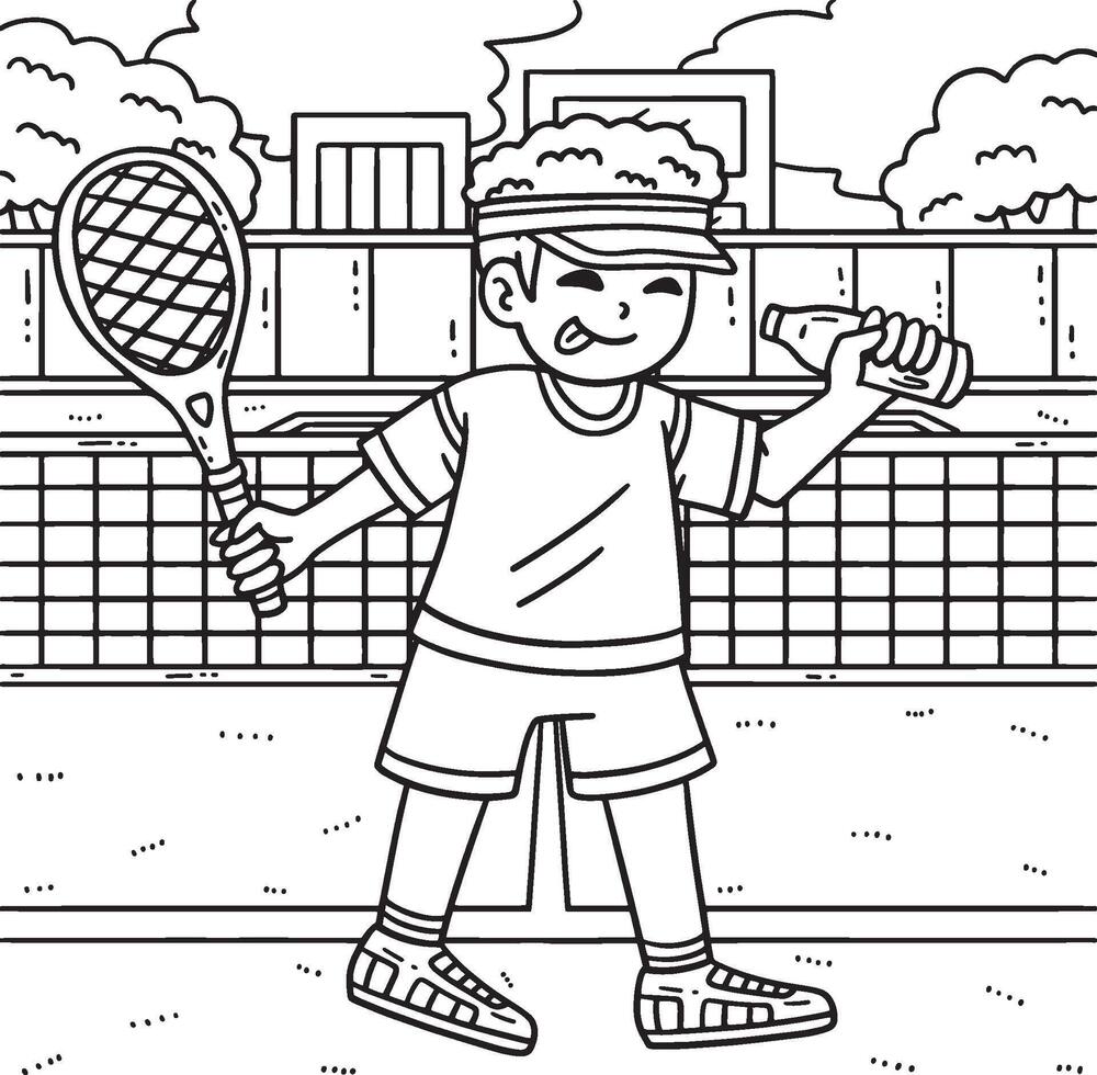 tennis joueur prise boisson coloration page pour des gamins vecteur