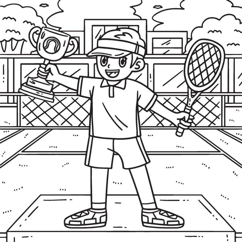 tennis joueur avec trophée coloration page pour des gamins vecteur