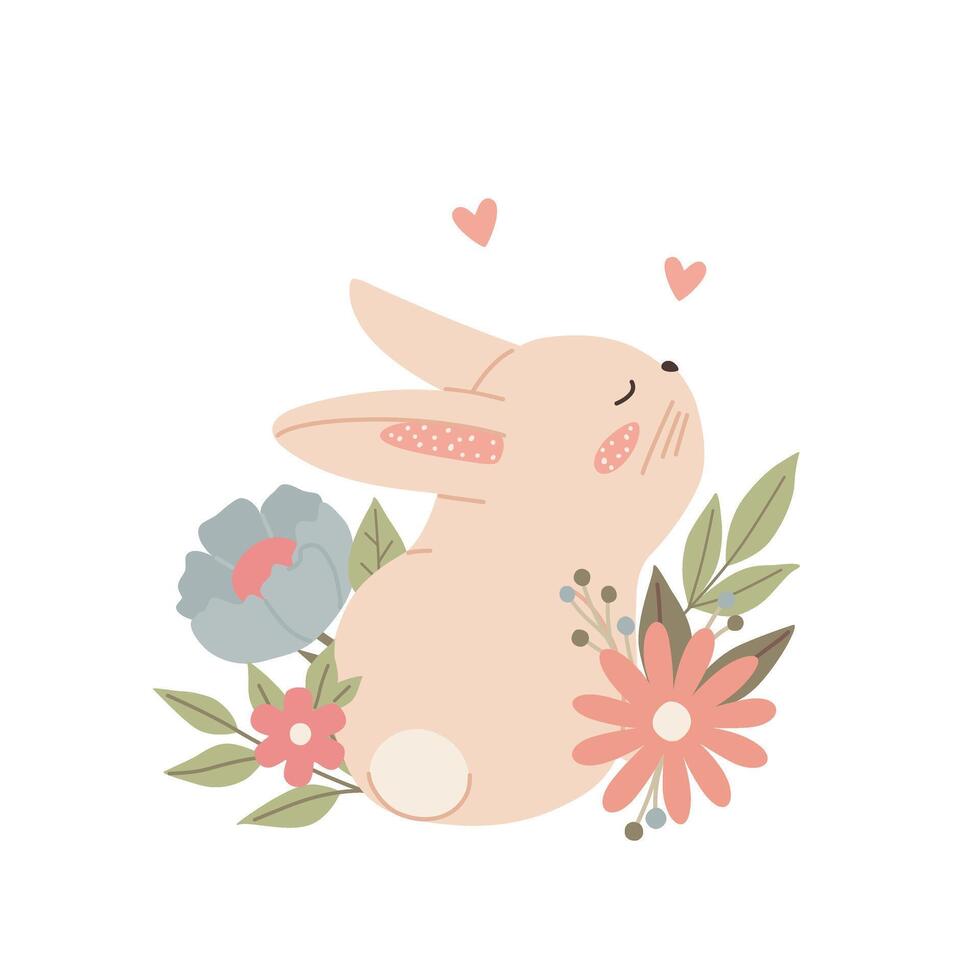 mignonne lapin dans fleurs. puéril peu bébé lapin pour conception et des gamins impression sur T-shirt. Facile vecteur illustration.