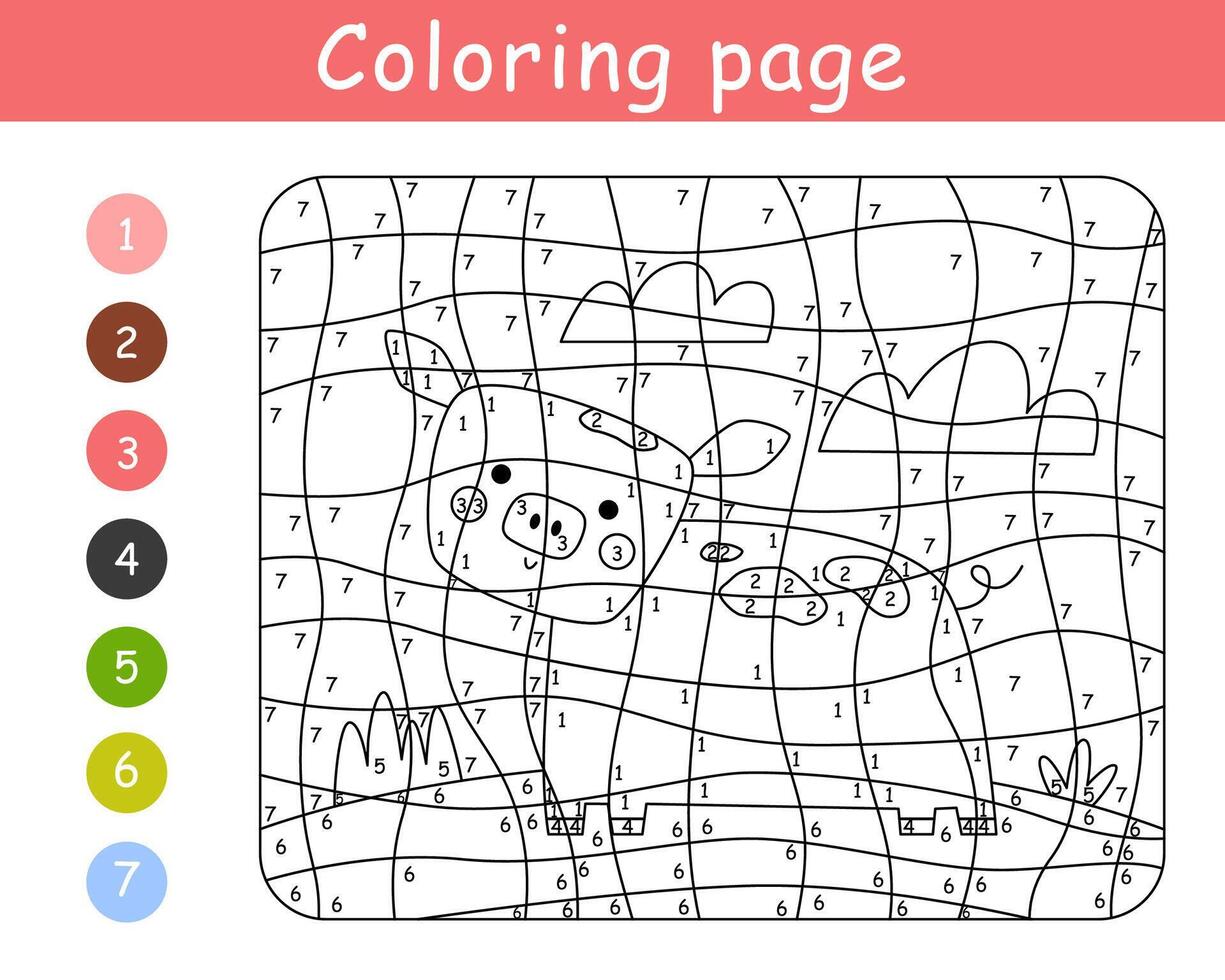 Couleur par nombre Jeu pour enfants. puéril mignonne cochon. ferme coloration page. imprimable feuille de travail avec Solution pour école et préscolaire. apprentissage Nombres activité. vecteur dessin animé illustration.