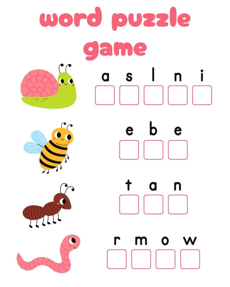 mots puzzle les enfants éducatif jeu. endroit le des lettres mignonne insectes dans droite commande. vecteur dessin animé illustration.