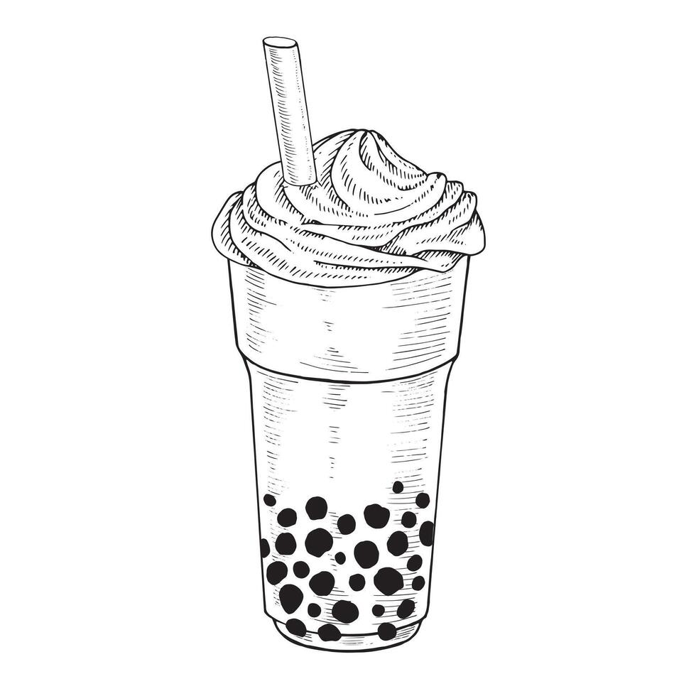 bulle Lait thé. vecteur illustration de boisson avec boba perles. main tiré clipart sur isolé Contexte. linéaire dessin de Tapioca cocktail. contour esquisser de asiatique du froid boisson. noir ligne art