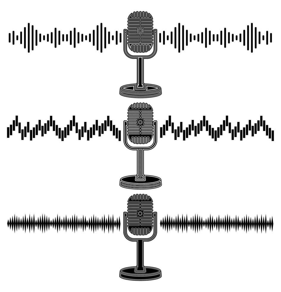 ensemble microphone du son vagues icône ancien monochrome conception vecteur illustration