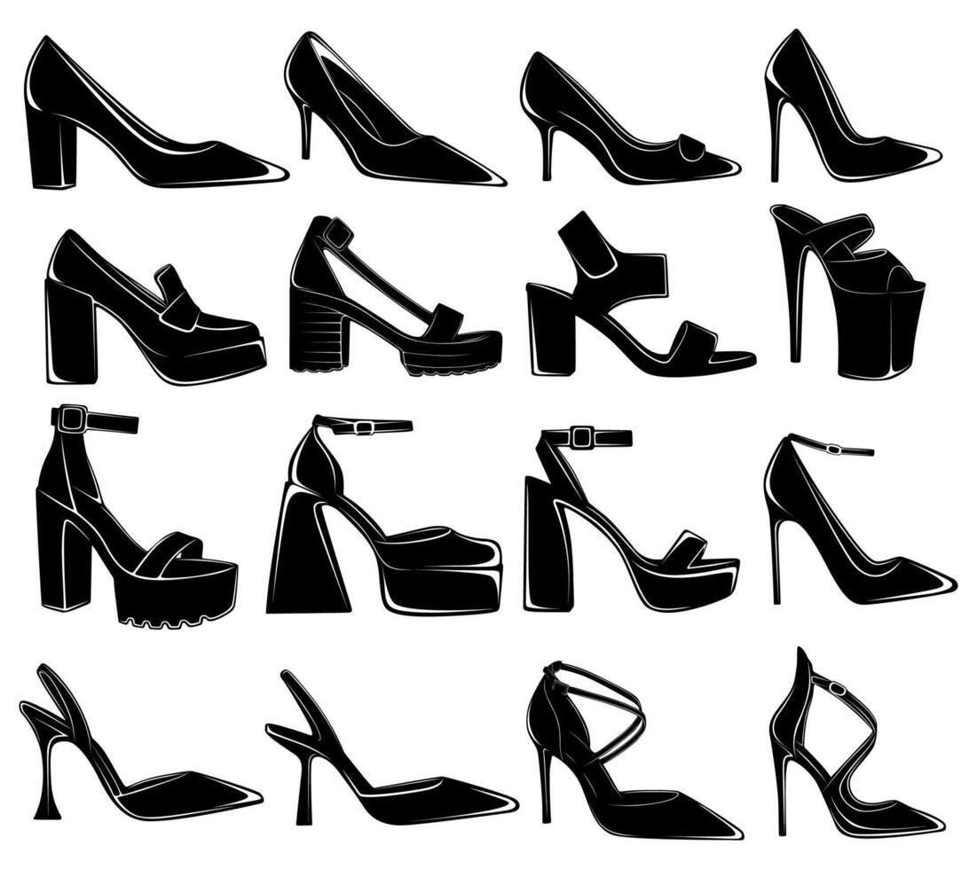 ensemble haute talons brillant silhouette icône. femmes des chaussures logo conception vecteur illustration