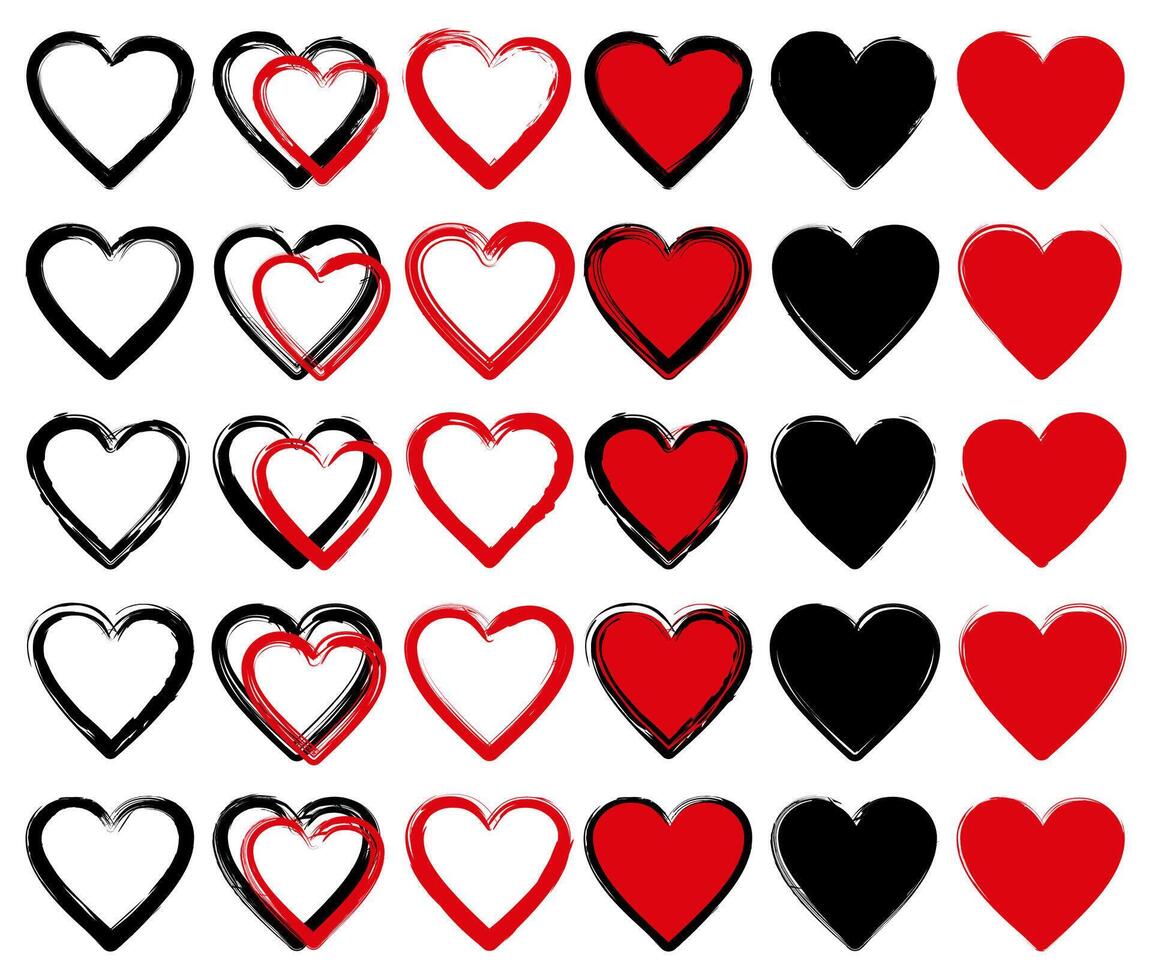 ensemble grunge rouge cœurs icône symbole. l'amour ornement conception vecteur illustration