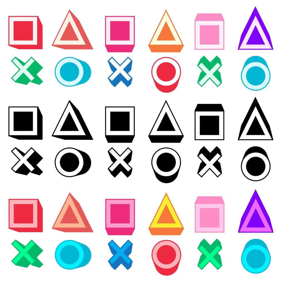 ensemble branché géométrique formes bouton de Jeu manette carrés, Triangles, cercles, et traverser icône symbole conception vecteur illustration