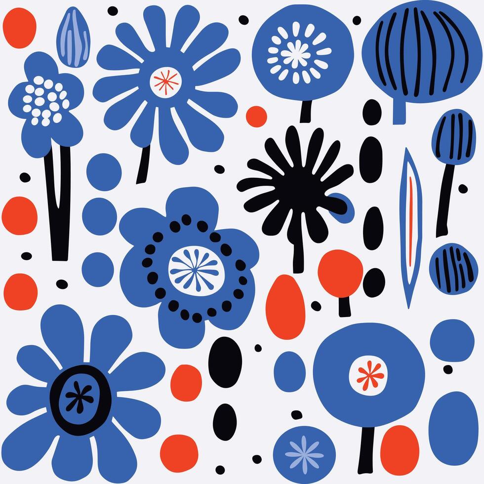 fleurs bleu et blanc modèle tissu, inspiré de la nature formes, audacieux graphique conception éléments, arrondi formes, audacieux primaire couleurs vecteur