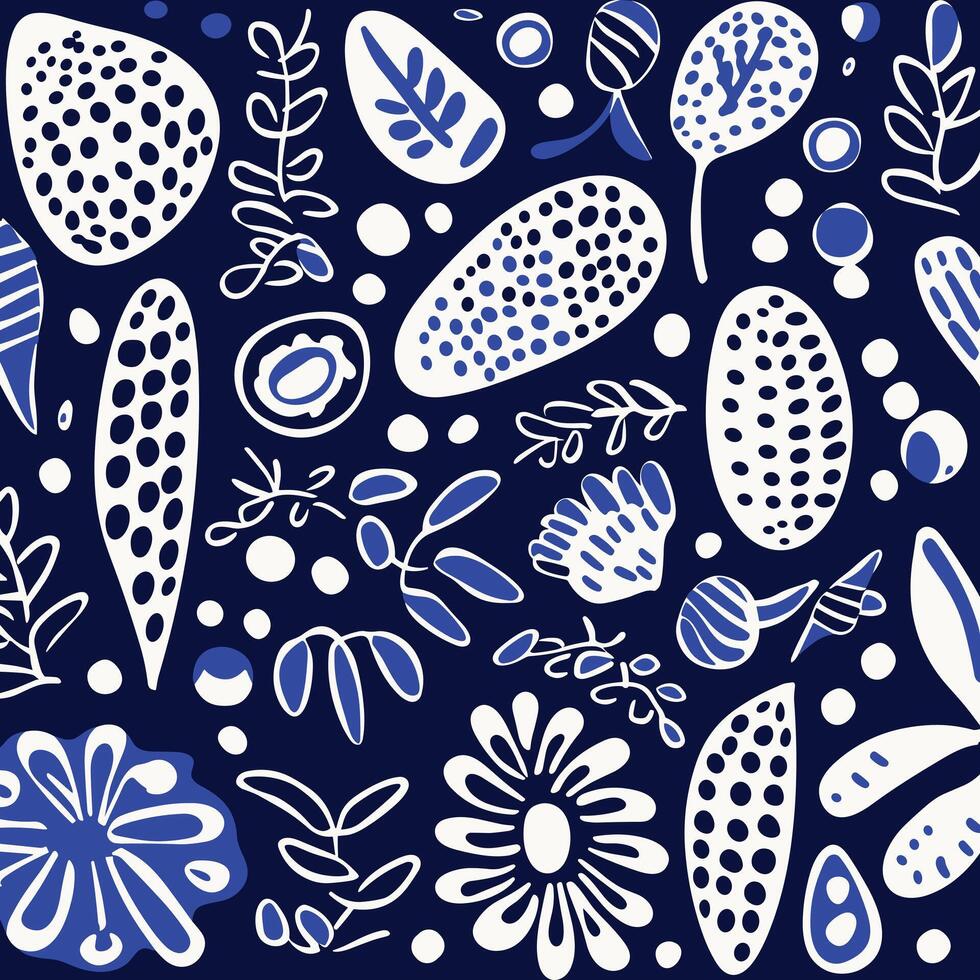 bleu avec blanc floral formes modèle en tissu sur fleur de cuillère Douane tissu, abstrait minimalisme appréciateur, audacieux primaire couleurs, pointé, distrait botanique des illustrations vecteur