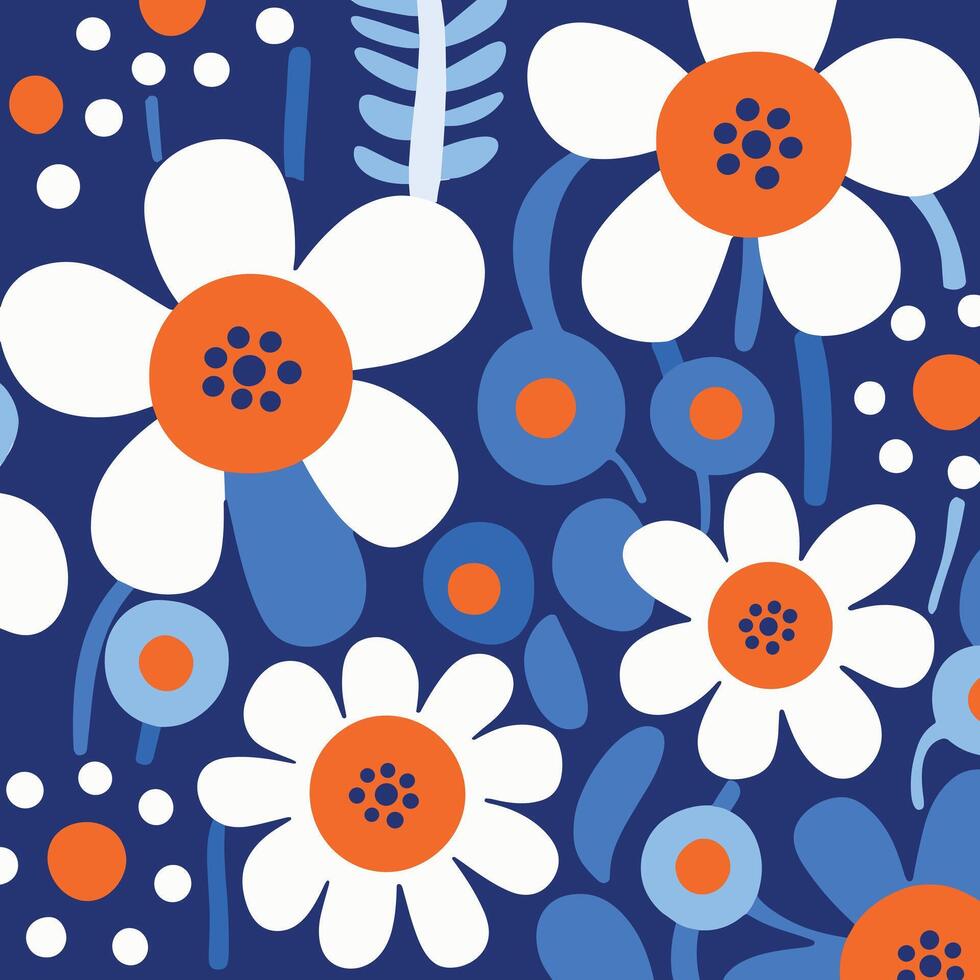 fleurs bleu et blanc modèle tissu, inspiré de la nature formes, audacieux graphique conception éléments, arrondi formes, audacieux primaire couleurs vecteur