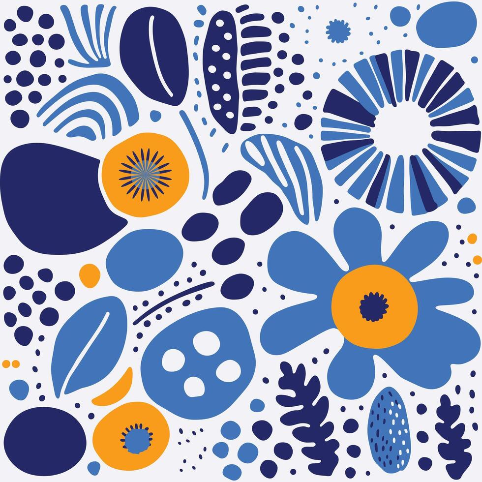 fleurs bleu et blanc modèle tissu, inspiré de la nature formes, audacieux graphique conception éléments, arrondi formes, audacieux primaire couleurs vecteur