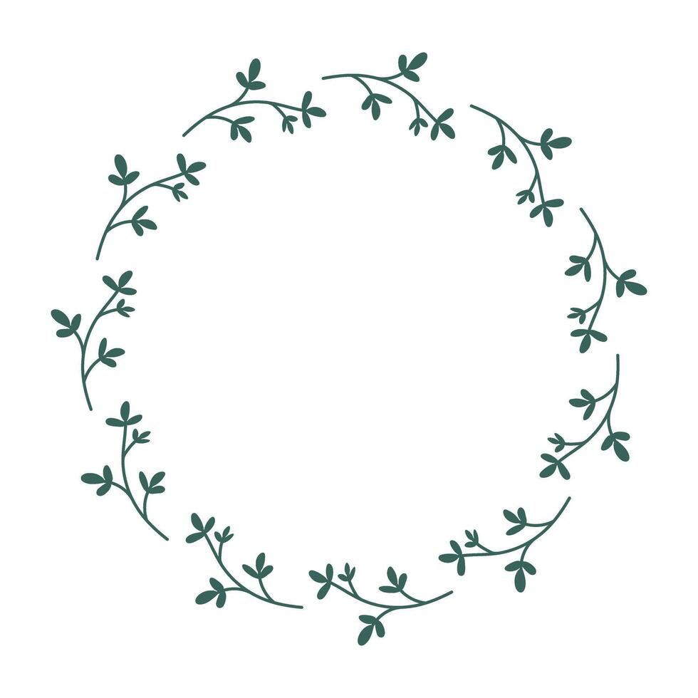 dessiné à la main rond couronne de branches de feuilles. minimaliste illustration de printemps à base de plantes ou fleur Cadre dans plat style. été éléments pour décorer salutation affiches avec vide espace pour texte vecteur