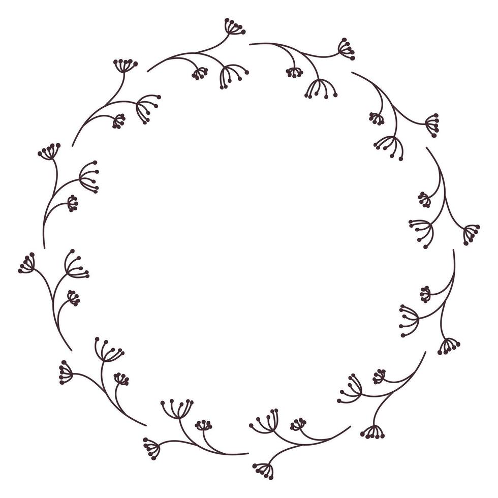 dessiné à la main rond couronne de branches de feuilles. minimaliste illustration de printemps aneth ou baie Cadre dans plat style. été éléments pour décorer salutation affiches avec vide espace pour texte vecteur