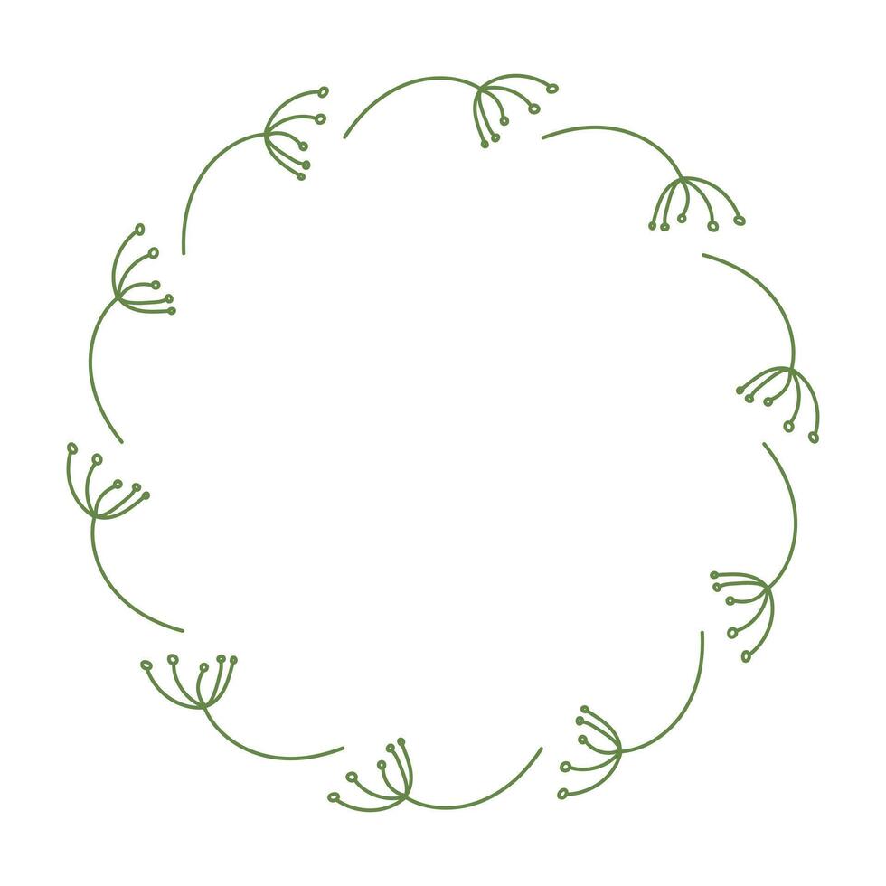 dessiné à la main rond couronne de aneth de feuilles. minimaliste illustration de printemps branche Cadre dans plat style. été éléments pour décorer salutation affiches avec vide espace pour texte vecteur