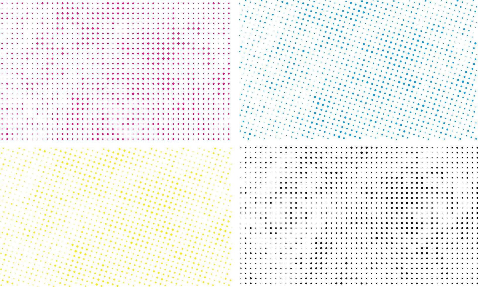 ensemble de quatre différent coloré demi-teinte motifs de cmyk point, abstrait Contexte avec carré point effet empaqueter, vecteur