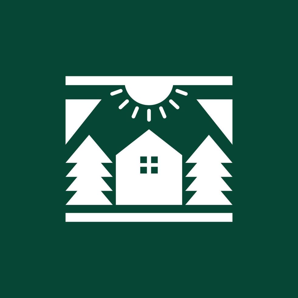 maison forêt pin des arbres sunburst Facile plat nettoyer moderne logo conception vecteur icône illustration