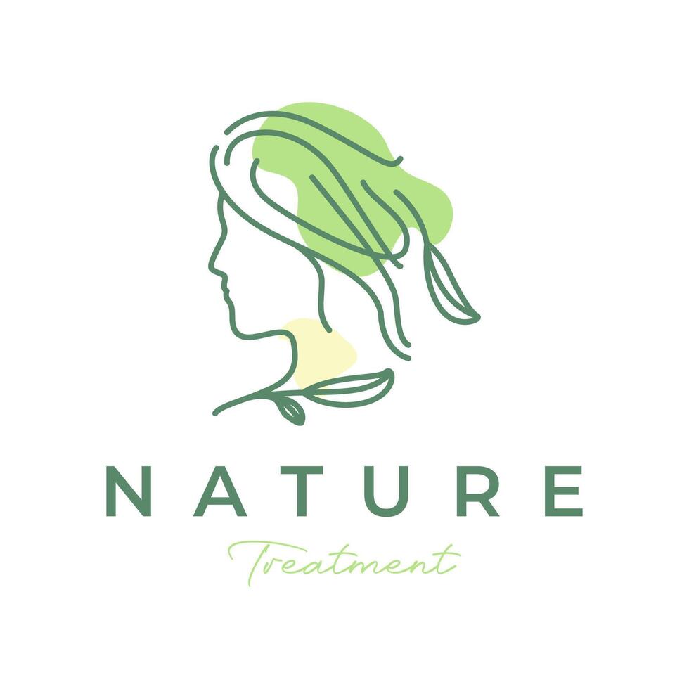 beauté femme visage longue cheveux tout droit feuilles Naturel traitement salon minimaliste lignes Facile style abstrait moderne logo conception vecteur icône illustration