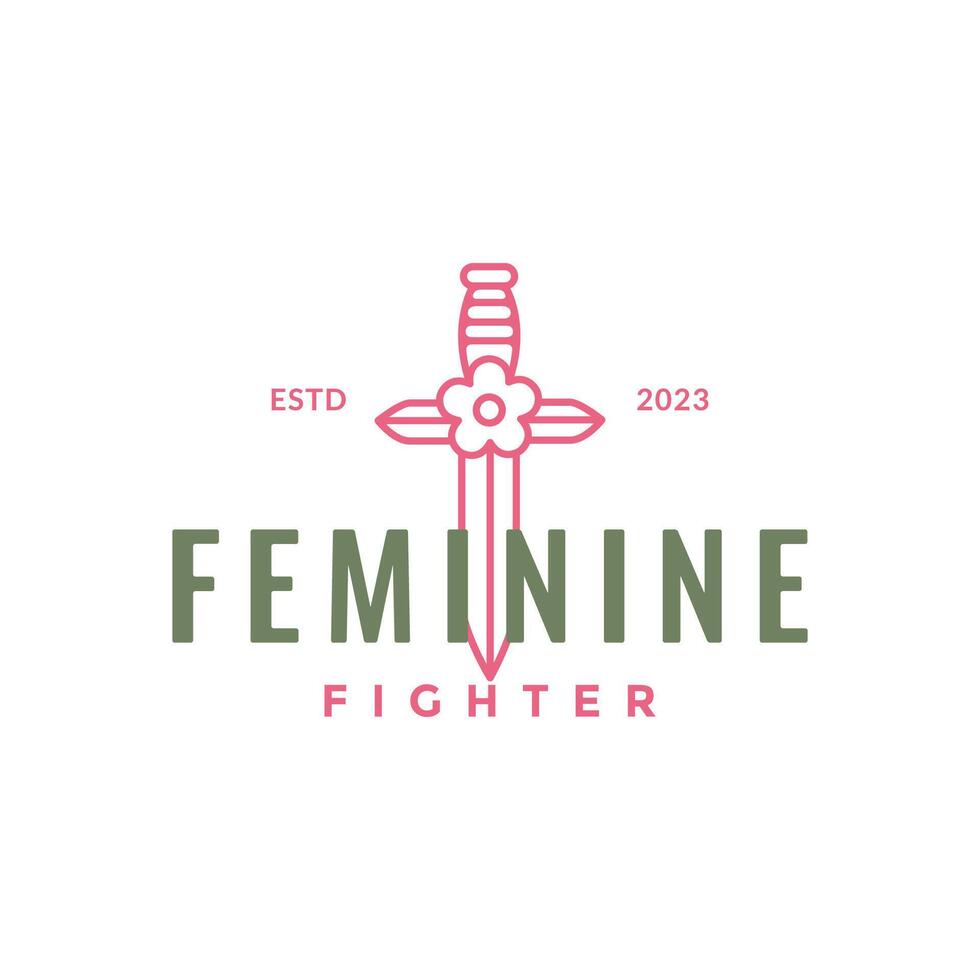 épée fleur féminin combattant ligne style minimal logo conception vecteur icône illustration