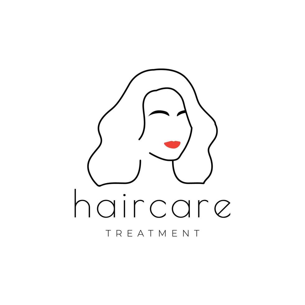 beauté femme longue cheveux rouge lèvres ligne style Facile féminin mascotte personnage logo conception vecteur icône illustration